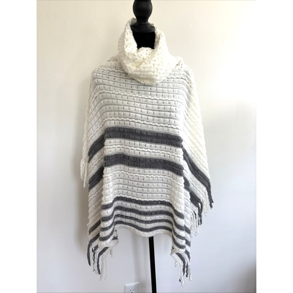 White and‎ Grey Striped Cowl Neck Chunky Knit Fringe Poncho Sweater